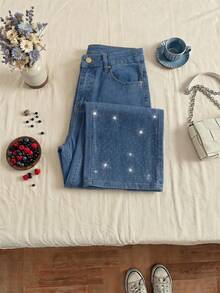 Pantalon wide leg de dama de mezclilla stretch con pedreria de brillos de tiro alto elegante | Jean para mujer de pierna ancha con aplicaciones de cristal y algodon elastico premium diseño de lujo y suave | Pantalon vaquero moderno con detalles brillantes y tecnologia de estiramiento acabado de alta calidad tallas 3 5 7 9 11 13 15 | Ropa de mujer sofisticada y flexible ideal para fiestas o uso diario mas lavados disponibles | Jean de mezclilla con brillos y ajuste perfecto para dama - Nevado - Ver 3