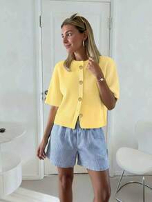 Autumn Summer Women's Fashion French Soft Waxy Senior Sense Loose Knit Cardigan Ladies Short Lazy Style Sweater Top Casual - Yellow - View 6