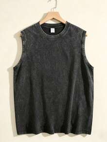 Men's Distressed Sleeveless Tank Top Charcoal Washed Vintage Style Oversized Crewneck Vest Retro Casual Outfit VS003-AB - màu đen - Xem 3