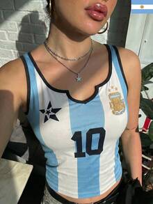 Áo hai dây không tay bằng lưới kiểu Argentina dành cho nữ, dáng ôm thể thao, thích hợp cho mùa hè và mùa xuân, trang phục dự World Cup cho nữ. - Xanh và trắng - Xem 6