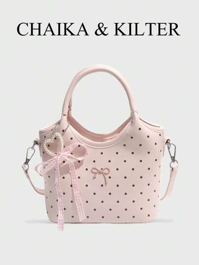 Pink Polka Dot Bow Handbag - Sweet Women Pearl Heart Decor PU Leather Crossbody Bag, Casual Daily Shoulder Shopping Tote Bag