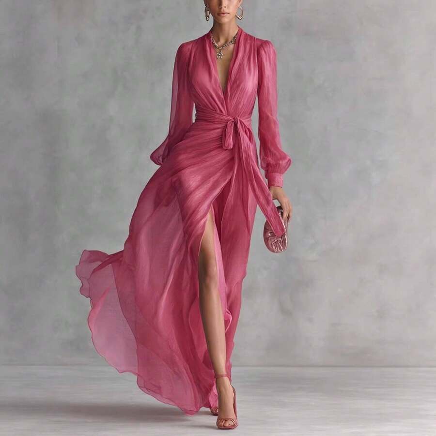Flowing With French Elegance For Daily Wear Or Soirées, This Navy, Red, Or Green Long-Sleeve Maxi Dress Features A Deep V-Neckline, A Defined Waist Tie, And A Thigh-High Side Slit-Offering A Sleek, Pure-Color Silhouette With Effortless Sophistication. Vestidos Para Graduación - 玫瑰紅 - 查看 1