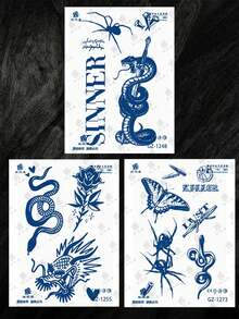 3pcs Temporary Tattoo Stickers, Funny Snake, Dragon, Rose Designs, Multipurpose Unisex Body Art Fake Tattoos, Waterproof & Sweatproof, Suitable For Arms, Chest, Abdomen And Back Easy To Apply & Remove, Lasts 7-14 Days, DIY Gift - Christmas - View 11