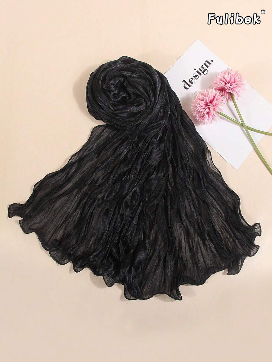 1pc Women's LightweightLinen Solid Color Ruffle Edge Crinkle Scarf, Fashionable Casual Suitable For Daily Matching, Beach, Travel, Sun Protection,Accessories,Holiday - Black - View 1