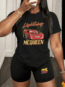 [Disney 2-Piece Casual Women's Set] Disney Cars Lightning McQueen Cartoon Print Crew Neck Short Sleeve T-Shirt And Cycling Shorts Women's Set, A Gift For Mother, Summer Street, Daily, Vacation, Casual Home Wear - Black - View 1