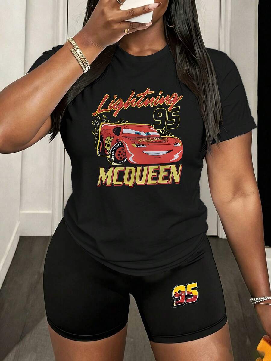 [Disney 2-Piece Casual Women's Set] Disney Cars Lightning McQueen Cartoon Print Crew Neck Short Sleeve T-Shirt And Cycling Shorts Women's Set, A Gift For Mother, Summer Street, Daily, Vacation, Casual Home Wear - Black - View 1