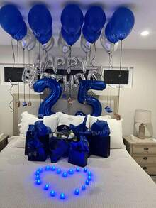 21/50/55/57件組海軍藍銀色生日氣球套組－生日快樂橫幅＋愛心鋁箔氣球＋加厚乳膠氣球＋藍色金屬感鋁箔流蘇窗簾，適合男性生日裝飾、情侶臥室、飯店午夜驚喜派對、房間佈置 - 藍色銀色 - 查看 3