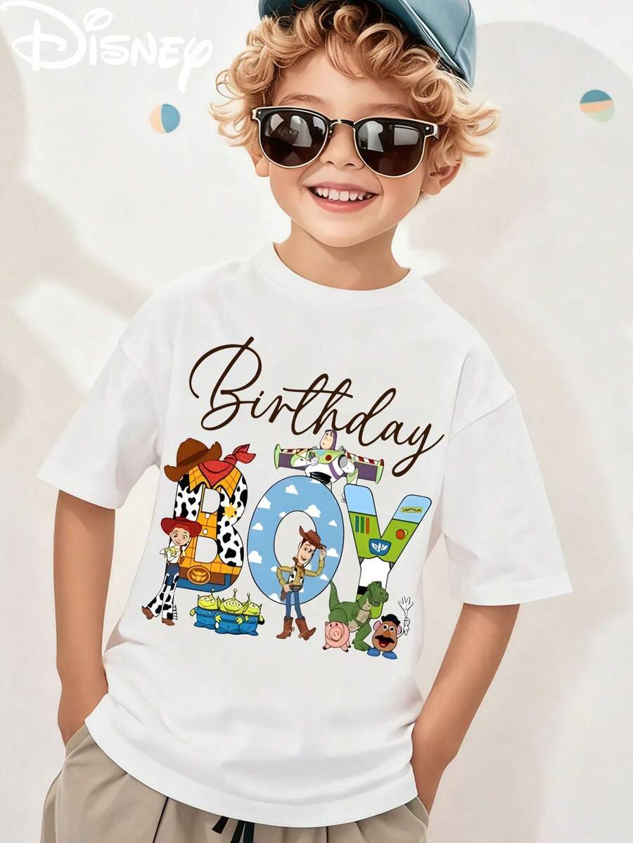 Disney Licensed Toy Story "Birthday Boy" Character Fill Print Kids' T-Shirt, Short-Sleeved Casual Top, Cute Themed Printed Tee, Perfect For Daily Wear, School Activities, Family Outings, Theme Park Visits And Holiday Gifts, Shipped From Local Warehouse - White - View 1