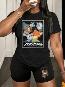 [Disney 2-Piece Casual Women's Set] A Women's Set Featuring A Zootopia Judy Hopps Cartoon Print Crew Neck Short-Sleeved T-Shirt And Cycling Shorts. Perfect For Summer, Everyday Wear, Vacation, And Casual Loungewear. - màu đen - Xem 1