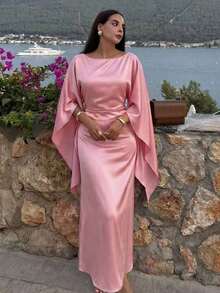 Casual Elegant Women's Dress, Boat Neck, Extra Long Sleeves, Tie Back, A-Line Hem, Smooth Woven Fabric, Casual Dress Pink Spring - Hồng - Xem 9