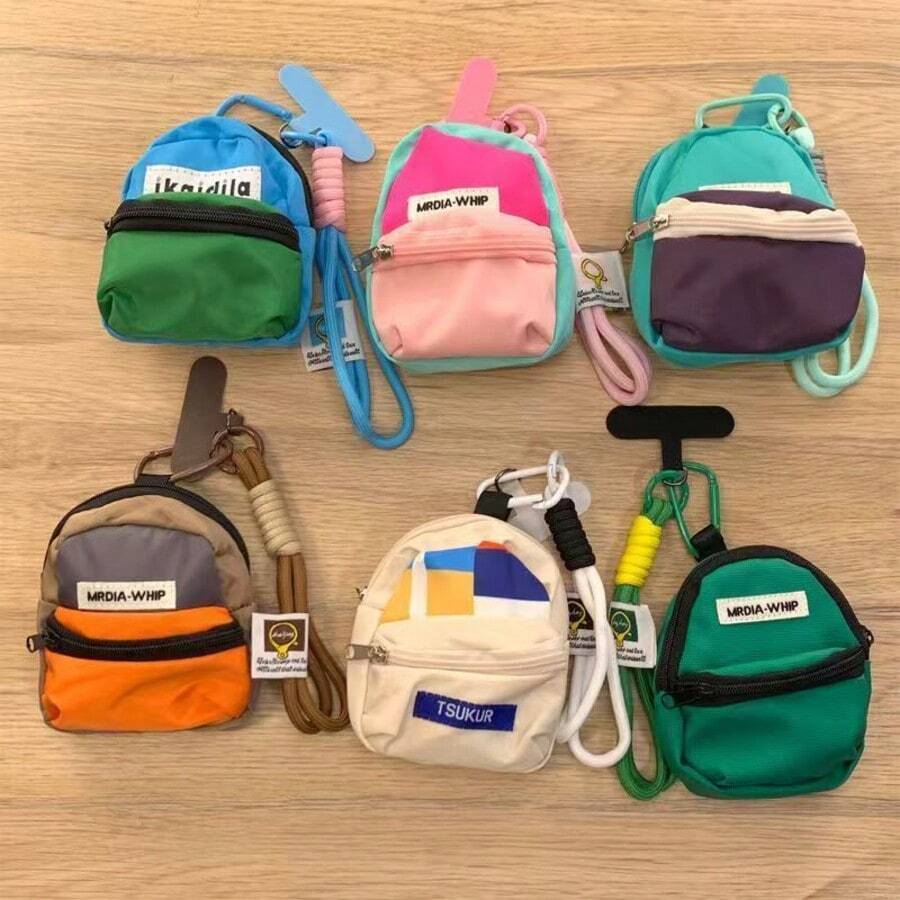 Y2K Style Mini Backpack Coin Purse With Phone Lanyard, Multi-Color Patchwork Waterproof Zipper Earphone Bag, Portable Wrist Keychain Wallet For AirPods/Cards, Unisex Casual Streetwear Accessory, Perfect For Daily Travel And Use