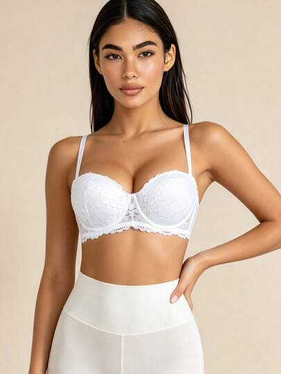 Lilivine Peach Girl White Lace Trim Underwire Bra For Small Bust Women, Removable Straps Lingerie Bridallingerie