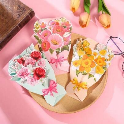 5pcs 3D Floral Greeting Cards, Handmade Bow & Flower 3D Cards For Mother's Day, Birthday, Anniversary, Suitable For Wife, Mother, And Friends