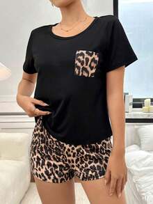 Conjunto de pijama con cuello redondo y manga corta con estampado de leopardo - Negro - Ver 3