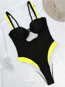 Traje de baño de una pieza con bloques de color para mujer. El diseño de correas anchas proporciona un buen soporte, el corte sexy en el pecho y el ribete de bloques de color favorecen la figura. Ideal para vacaciones en la playa, una elección perfecta para un look de estilo retro americano de resort. - Negro 2 - Ver 2