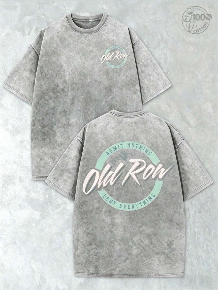 100% Cotton Washed T-Shirt230g Thickened Cotton Old Row Grey And Teal Circle Logo Double-Sided Print Summer Men's Fashion Washed Vintage Batik T-Shirt, Street Retro Style Round Neck Short Sleeve2026,Summer Outfits For Women,Graphic T Shirts - 灰色 - 查看 1