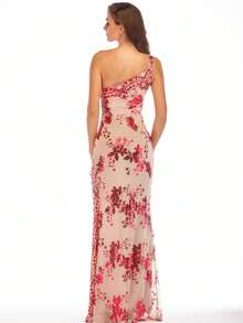 Vestido sensual de lentejuelas un hombro al descubierto espalda abierta para fiestas - Rojo - Ver 7