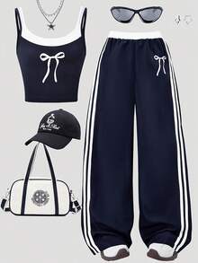 Conjunto casual para adolescentes, estilo universitário americano, com colete decorativo com laço e calça reta folgada, em cores contrastantes. - Azul marinho - Ver 7