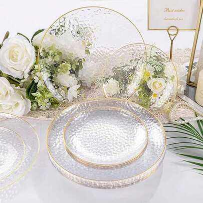2pcs Transparent Hammered Gold Rim Plates, Transparent Gold Rim, Transparent Bottom Decorated With Gold Rim, Elegant Dessert Plate, Pasta Plate, Pizza Plate, Cake Plate, Salad Plate, Size 7.5 Inch/10.25 Inch, Reusable And Easy To Clean, Suitable For Outdoor Use, Parties, Birthdays, Weddings And Holidays