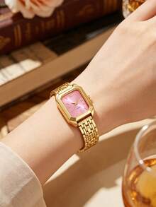 5件套奢华女士腕表套装，金色方形表盘金属腕表搭配方形首饰，粉色点缀，适合日常佩戴，各种场合皆宜，亦可作为礼物。 - 金色 - 查看 2