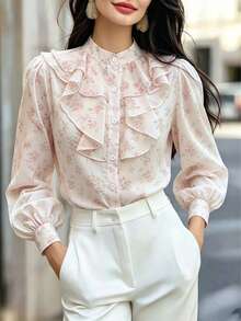 Women's Floral Chiffon Shirt, Stand Collar Long Sleeve Ruffle Button Top, For Daily, Home, Holiday, Travel, Date, Spring Summer Fall Vacation Pink - Pink - View 3