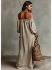 2026 Spring, Summer, Autumn New Elegant Women's Dresses Beige Striped Off-Shoulder Maxi Dress, Puff Sleeve Loose Casual Linen-Blend Beach Dress - 黃色 - 查看 8