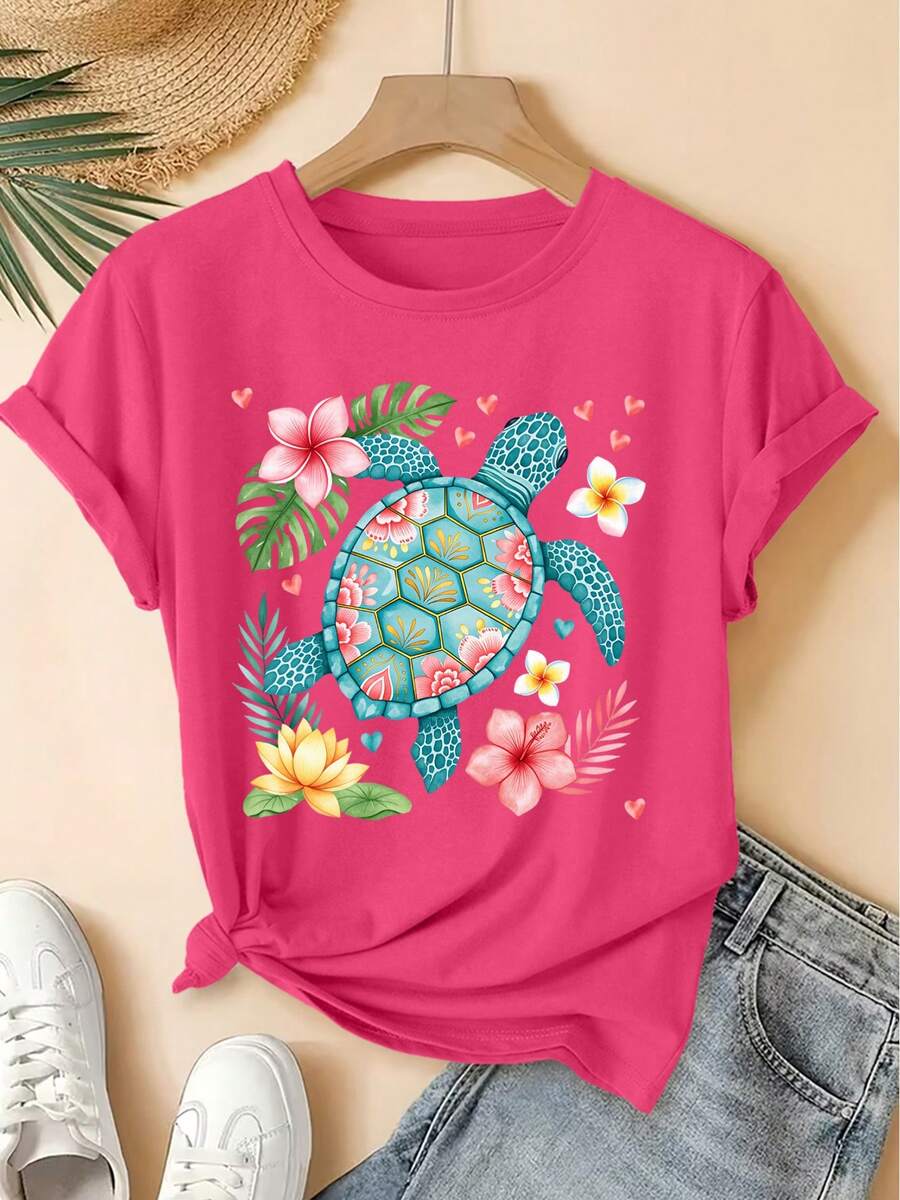 Short-Sleeved T-Shirt With Watercolor Floral Turtle Print, Retro Round Neck, Cool Mori Style, Loose Fit, Spring-Summer 2026, Elegant, Versatile, For Parties, Fashion, Versatile Clothing For Women. - 玫紅色 - 查看 1