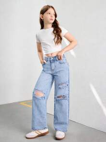 Quần jeans ống rộng dáng suông rách, quần denim ống đứng rách phong cách đường phố, đa năng. - Rửa nhẹ - Xem 6