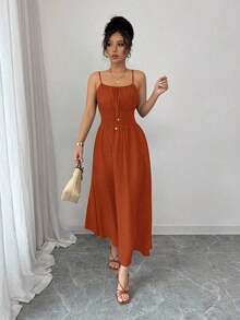 Vestido cómodo de verano y primavera de fibra de lino color café con lazo frontal y cintura con lazada, estilo casual y fluido - Naranja Quemada - Ver 6