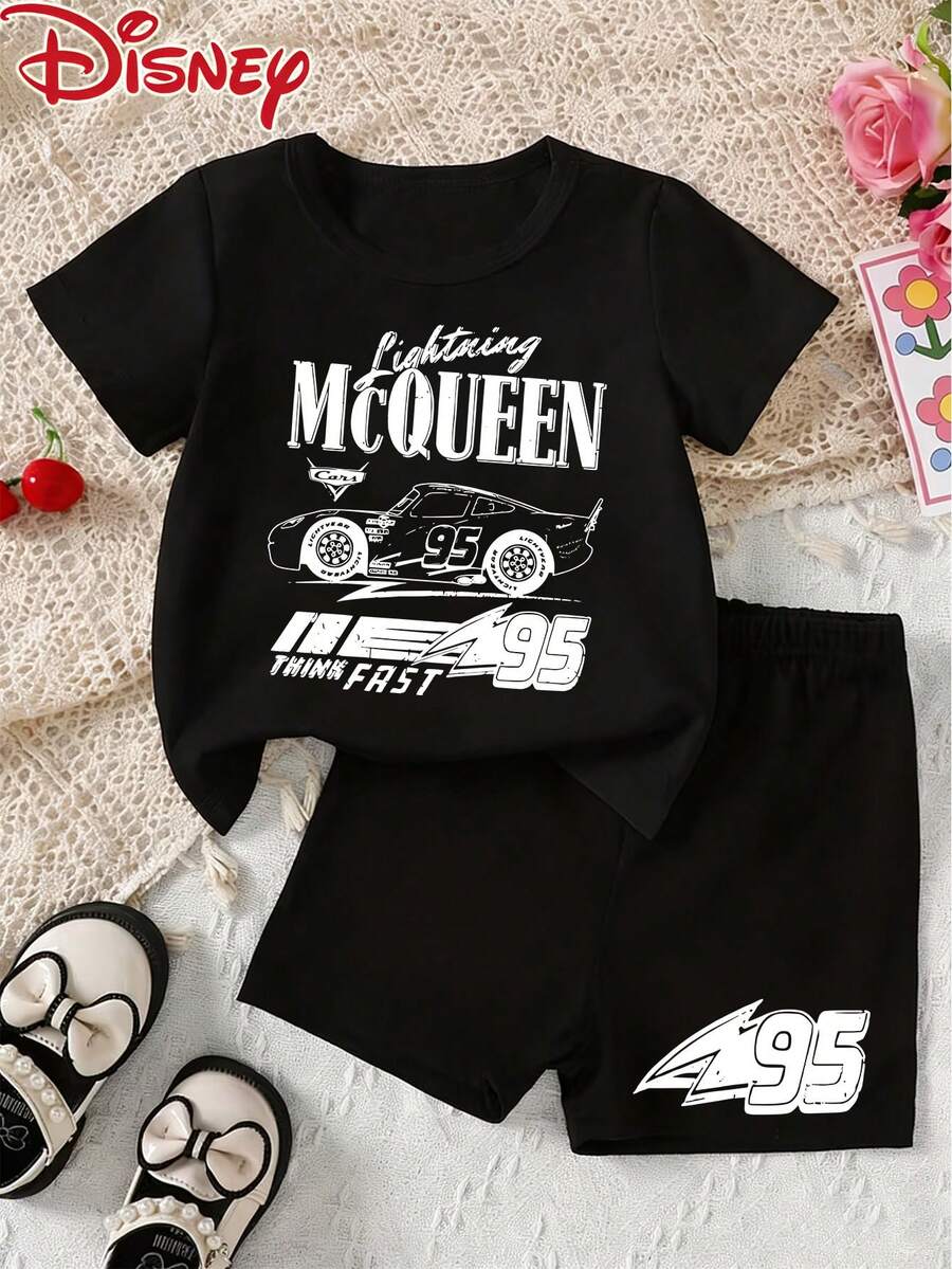 Disney Baby's Short-Sleeved Shirt And Shorts Set, 2-Piece, Cars Lightning McQueen 95 "Think Fast" Pattern Printed, Cute, Comfortable, Breathable, And Skin-Friendly For Children. Summer T-Shirt As A Base Layer For Pullover Shirts, Sportswear And Sports Suits, Ropa De Bebe Recien Nacido - 黑色 - 查看 1