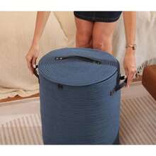 Cesta de almacenamiento de cuerda de algodón extragrande con tapa y cierre, cesta versátil de lavandería y contenedor de tela para ropa, toallas, mantas, organización de sala de estar todo azul - Todo azul oscuro - Ver 7