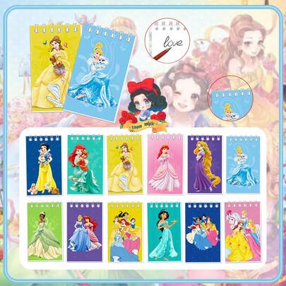 Disney Bộ 12 cuốn sổ tay lò xo kiểu công chúa anime, họa tiết lâu đài mộng mơ sáng tạo, sổ tay lò xo cổ điển chất lượng cao, quà tặng cho học sinh, văn phòng, đọc sách, viết nhật ký.