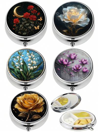 1pc Elegant Purple Daffodil Flower Pill Organizer - 3 Compartment Mini Pill Box With Floral Design, Plastic & Metal, Compact & Portable, Suitable For Purse, Pill Box, Elegant Pill Organizer, For Women, Medication Storage
