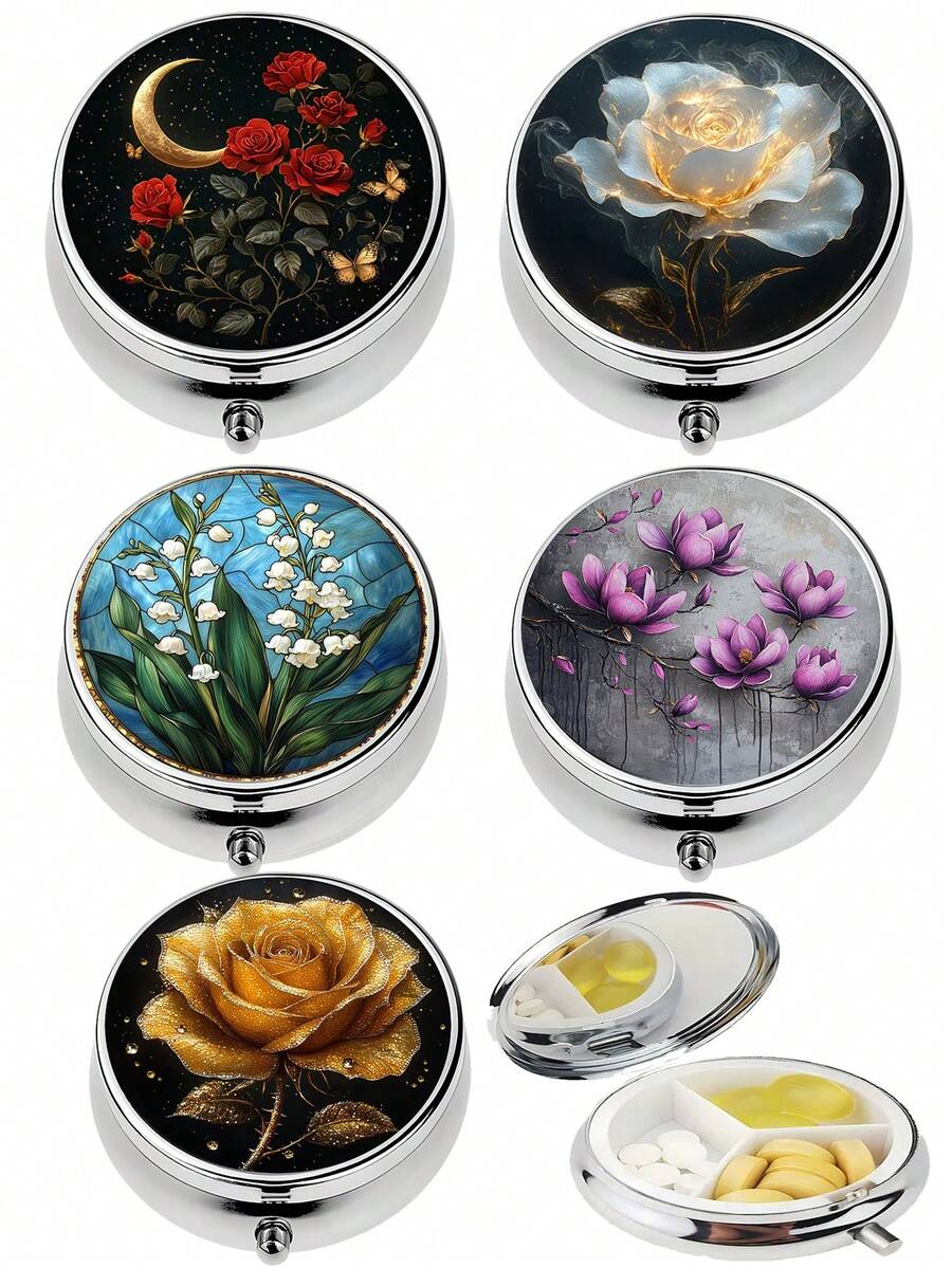 1pc Elegant Purple Daffodil Flower Pill Organizer - 3 Compartment Mini Pill Box With Floral Design, Plastic & Metal, Compact & Portable, Suitable For Purse, Pill Box, Elegant Pill Organizer, For Women, Medication Storage