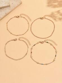 4pcs/Set Minimalist Versatile Gold Tone Chain Anklets, Fashion All-Match Multi-Layer Toe Rings Jewelry For Women, Suitable For Daily Wear, Photo Shooting, Dating, Vacation. Chain Length Can Be Customized By Cutting, Color Arrangement Is Random. - Multicolor - View 2