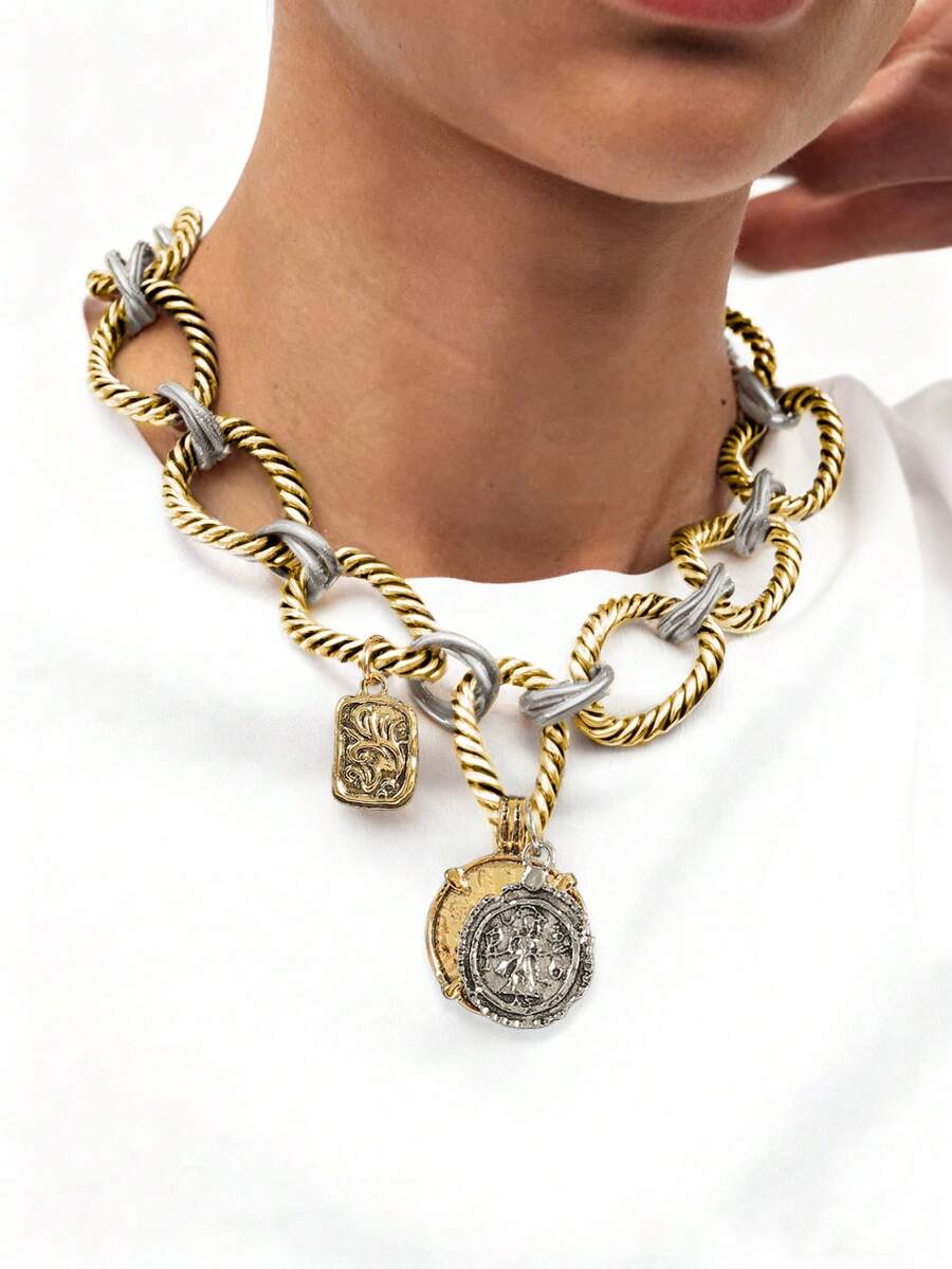 Alloy Material Personalized Women's Badge Design Fashion Geometric O-Shaped Necklace Casual Versatile - Multicolor - View 1