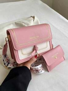 Fashionable Women's Handbag, Versatile New Crossbody Bag, Casual Colorblock Design, Small Square Bag, Wide Strap, Suitable For Party, Date, School, Outdoor Activities, Stylish Flap Shoulder Bag, Women's Buckle Decor Crossbody Bag, Wide Strap - Pink - View 2