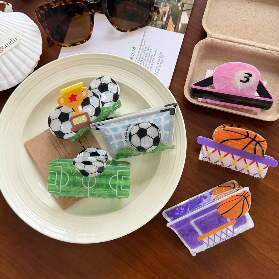 足球造型发爪夹,创意马尾夹,篮球造型发爪夹,运动风发饰,欧美跨界足球造型发夹,创意世界杯运动系列发夹,女士发爪夹发饰,节日派对必备 - 彩色 - 查看 1