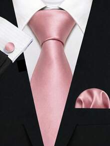 Men's Solid Color Necktie Set, Includes 8cm Necktie, Pocket Square, Cufflinks, Suitable For Business, Formal Occasions, Weddings And Parties - Dusty Pink - View 3