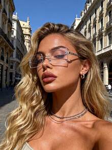 1 pieza Gafas transparentes rectangulares sin montura clásicas para mujer, accesorio para uso diario, oficina y estudio - transparente - Ver 2