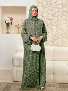 Ditsy Floral Hooded Muslim Long Robe With Tassel Drawstring Integrated Hijab Dress, Middle East And Southeast Asia Long Robe Vacation Fall - Green - View 3