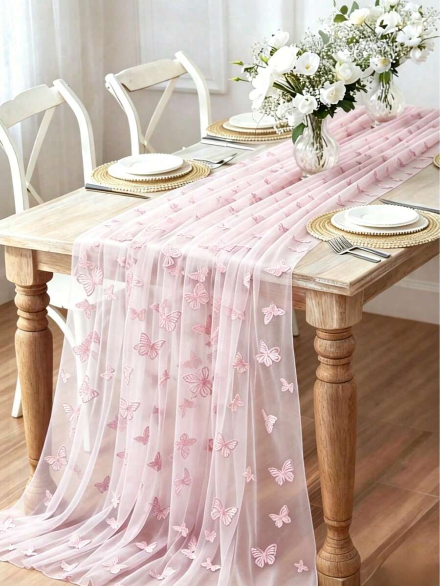 1pc Pink Table Runner, Double-Sided Butterfly Mesh Tablecloth, Birthday Party Decoration Tablecloth, Wedding Bride Gift Tablecloth, Party Decoration, Cabinet Decor Tablecloth, Kitchen Decor Table Runner