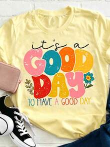 Women's Positive Motivational Slogan T-Shirt | Printed Text "Live Every Beautiful Day To The Fullest", Decorated With Colorful Fonts And Floral Patter - 黃色 - 查看 11