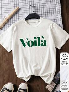 Camiseta holgada de manga corta para mujer, con estampado de la letra VOILA, 100% algodón puro, mangas cortas blancas, diseño estampado, adecuada para el Festival de Primavera, el Año del Caballo, el Año Nuevo, regalo de San Valentín, regreso a clases, primer día de clases, y otras ocasiones, estilo casual de verano 100% algodón. - Blanco - Ver 1