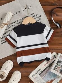 Baby Boy Casual Comfortable Knitted Striped Pattern With Pony Print Round Neck Short Sleeve Top, Comfortable Summer Outfit - Multicolor - View 2