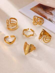 1 pieza Anillo abierto minimalista de acero inoxidable para mujer, anillo dorado, anillo ajustable abierto para el dedo, anillo de mujer, joyería de fiesta, accesorios de moda para mujer, accesorios para uso diario - Multicolor - Ver 1