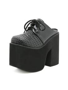Gdgydh Mules pour femmes à lacets à talons hauts Talons épais Chaussures à talon compensé avec avant-pied surélevé Chaussures à talons compensés Sandales d'été Chaussures de cosplay - Noir - Voir 7
