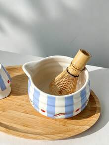 1pc/2pcs/4pcs/5pcs Minimalist Blue Striped Matcha Set, Includes Matcha Bowl With Spout, Bamboo Matcha Whisk, Matcha Scoop, Whisk Stand, Stainless Steel Sifter (For Matcha Tea Ceremony), Gift - Multicolor - View 6