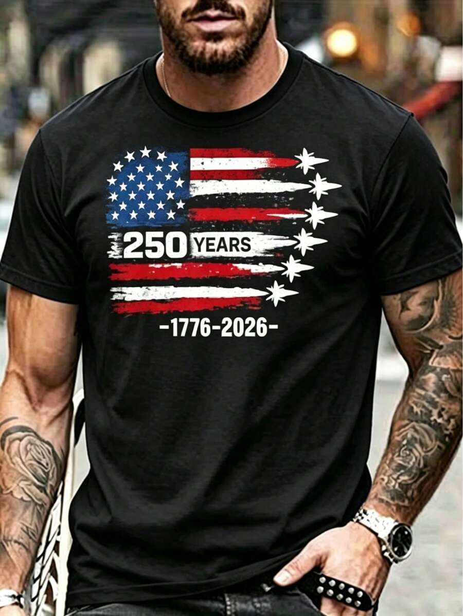 1pc Men'S Cotton Crew Neck-Shirt With Stars And Stripes We People Print, Casual All-Season Short Sleeve Tee With Slight Stretch,Regular Fit For Men Wo - 黑色8 - 查看 1