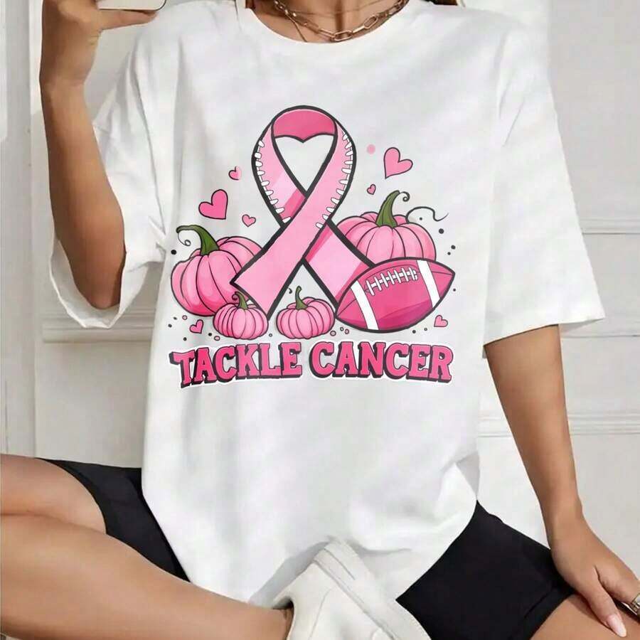White T-Shirt With Pink Bow, Pumpkin And Football Print For Cancer Prevention, Breast Cancer Awareness And Autumn Events. - White - View 1